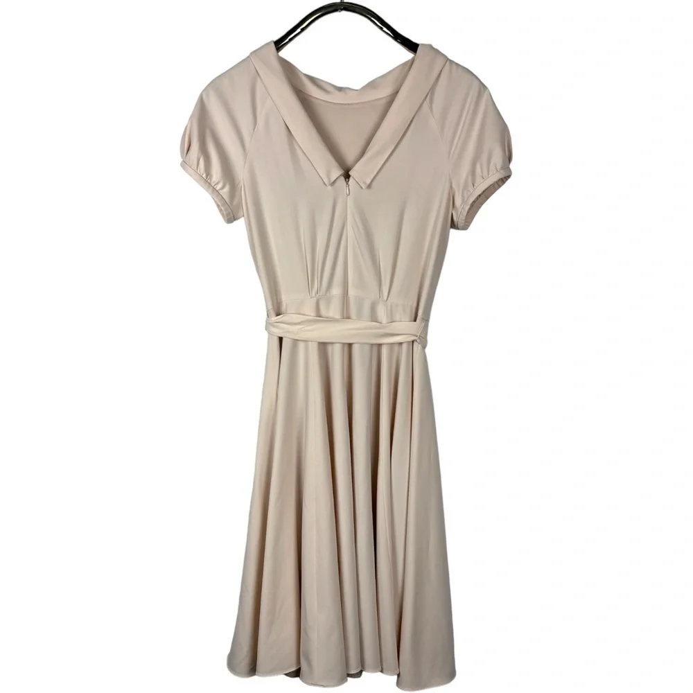 GAL MEETS GLAM ELEANOR PUFF SLEEVE TIE WAIST CREAM SATIN TWILL DRESS